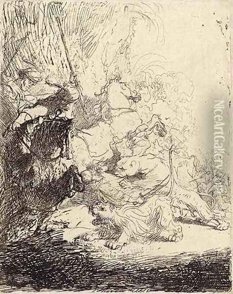 The Small Lion Hunt (with two Lions) Oil Painting - Rembrandt Van Rijn