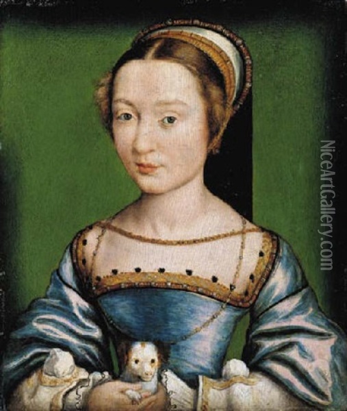 Portrait Of A Lady In A Blue Dress, Holding A Puppy Oil Painting -  Corneille de Lyon