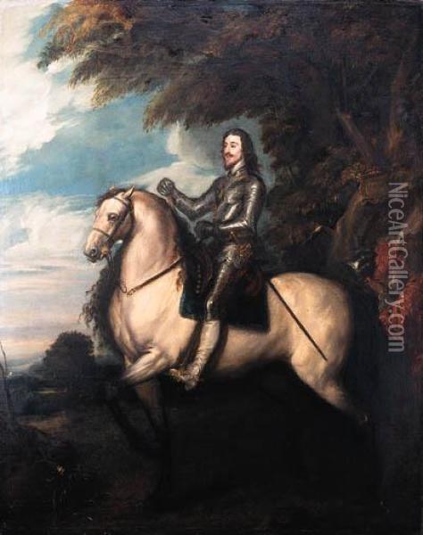 Portrait Of King Charles I, 
Full-length, In Armour On A Dun Horse,a Baton In His Right Hand, Wearing
 The Order Of The Garter,followed By An Equerry Carrying His Helmet Oil Painting - Sir Anthony Van Dyck