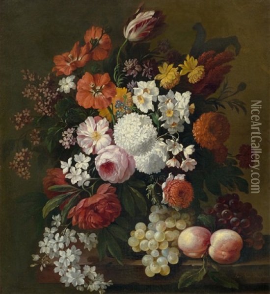 Still Life Of Flowers With Roses, Peonies, Hollyhock, Tulips, Grapes And Peaches Oil Painting - Philips van Kouwenberg