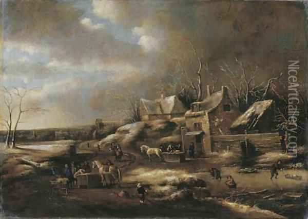 A winter landscape with townsfolk on a frozen waterway by a tavern Oil Painting - Claes Molenaar (see Molenaer)