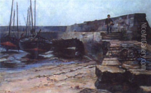 Harbour Quay With Lobster Pots In The Foreground Oil Painting - Alexander Mann
