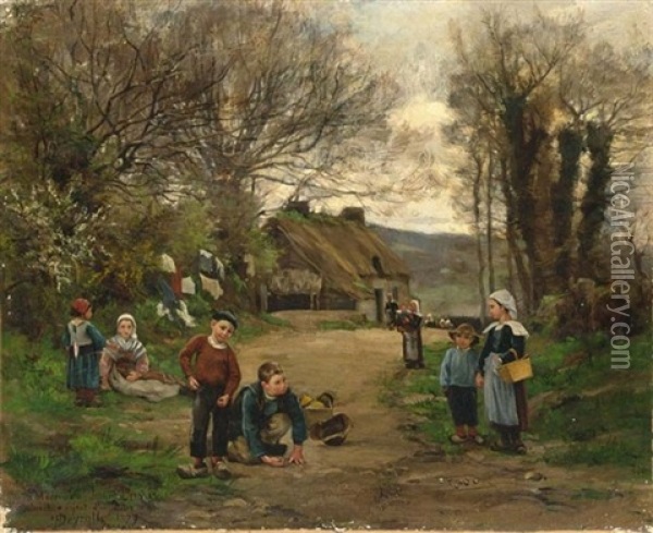Children Playing Of Marbles On A Sunny Day, Brittany Oil Painting - Theophile-Louis Deyrolle