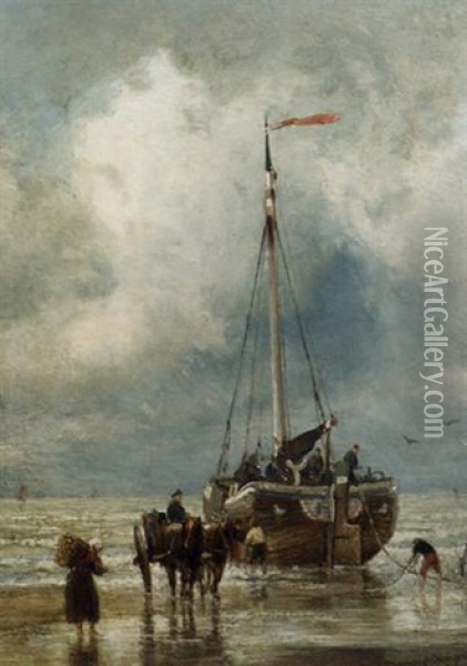 Fishermen Unloading A Bomschuit Oil Painting - Cornelis Christiaan Dommelshuizen