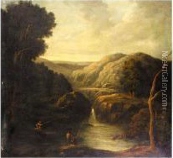 A River Landscape With Figures Fishing Near A Waterfall Oil Painting - George Jnr Barrett