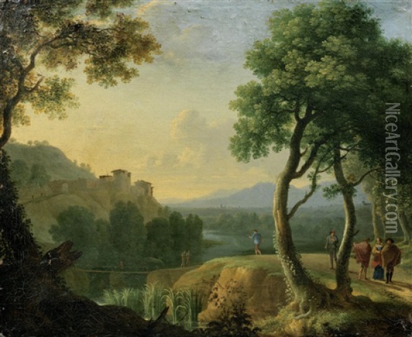 An Italianate River Landscape With Figures Gathered On The Banks, A Village Beyond Oil Painting - Herman Van Swanevelt