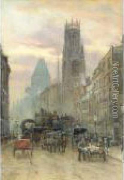 A View Of Fleet Street With The Church Of St. Dunstan's And The Royal Courts Of Justice Oil Painting - Herbert Menzies Marshall