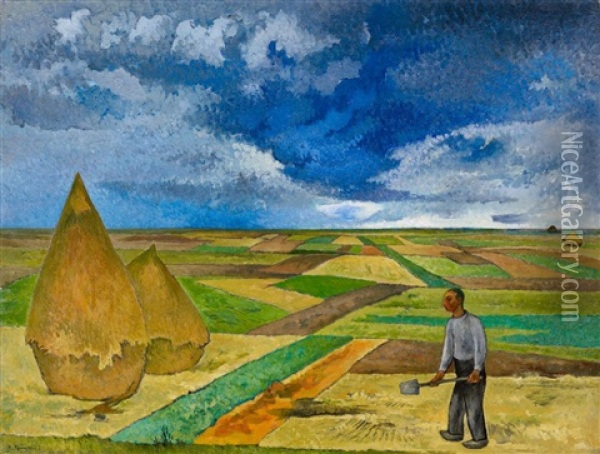 Niederrheinische Landschaft Mit Heudiemen Oil Painting - Heinrich Nauen