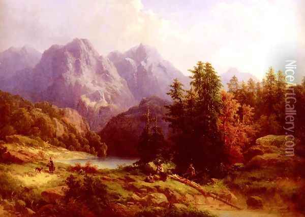 Woodsman And Family In An Alpine Landscape Oil Painting - H. Baumgartner
