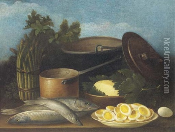 Copper Pots, Fish, Asparagus, Herbs, And A Dish Of Sliced Boiled Eggs On A Table Oil Painting - Carlo Magini