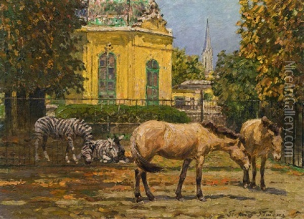 Zebras Und Wildpferde In Schonbrunn Oil Painting - Stefan Simony