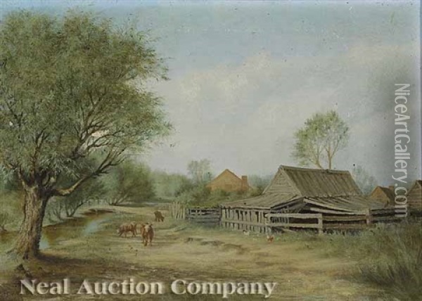 Cows Outside The Corral (+ Cows By The Barn; Pair) Oil Painting - James Hosmer Perkins Wise