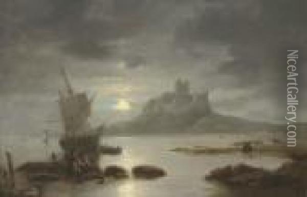 Bamburgh Castle By Moonlight, With Figures And Boats In Theforeground Oil Painting - John Wilson Carmichael