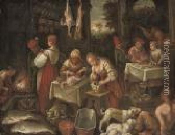 Maids Preparing Food In A Kitchen, Elegant Company At A Tablebeyond Oil Painting - Jacopo Bassano (Jacopo da Ponte)