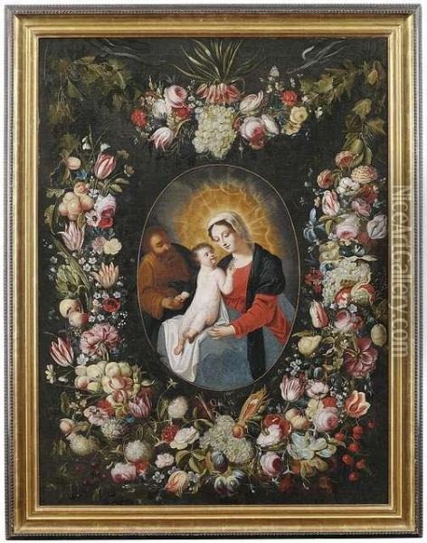 The Holyfamily, Surrounded By A Garland Of Flowers And Fruits. Oil Painting - Phillipe de Marlier