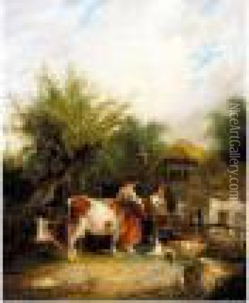 Two Women Washing Clothes Outside A Cottage Oil Painting - Snr William Shayer