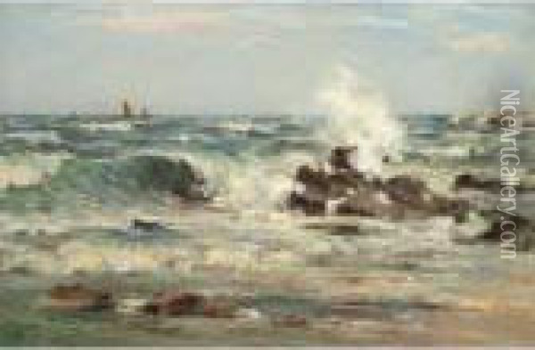 Breaking Waves Near Dunure, Ayrshire Oil Painting - William Mason Brown