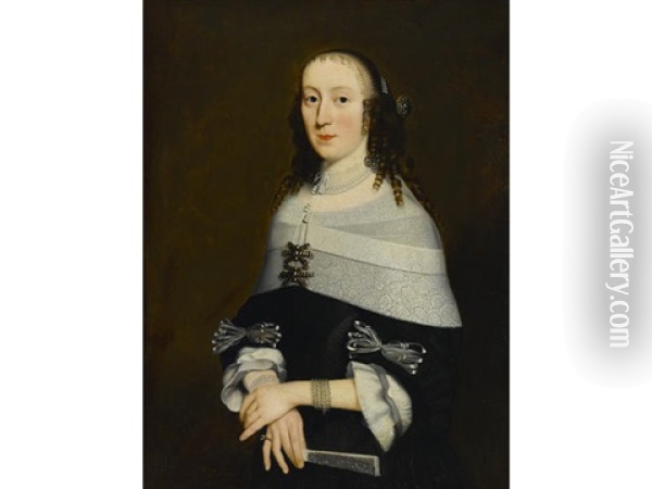 A Portrait Of A Lady, Half-length, Holding A Fan Oil Painting - Nicolaes Maes