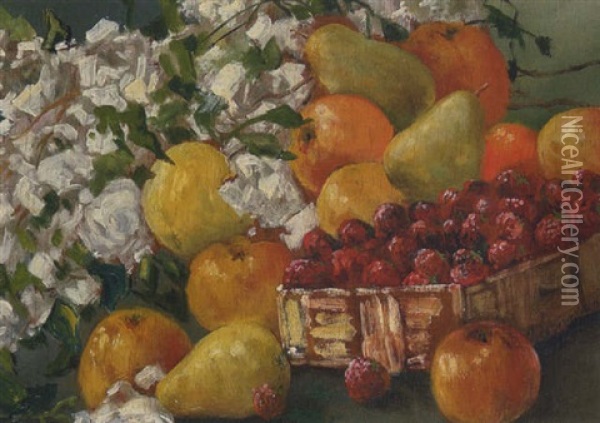 Stillleben Mit Fruchten Und Weisen Rosen Oil Painting - Ilya Ivanovich Mashkov