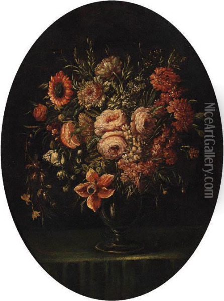 Roses, Carnations, Tulips And Other Flowers In A Glass Vase On Aledge Oil Painting - Bartolome Perez
