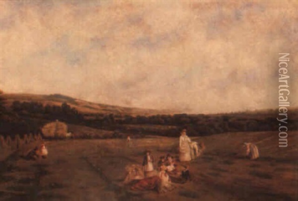 Women And Children In A Field Oil Painting - David Young Cameron