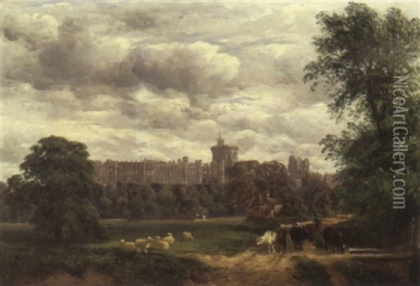 Windsor Castle With Castle, Sheep And Soldiers Oil Painting - John Joseph Hughes