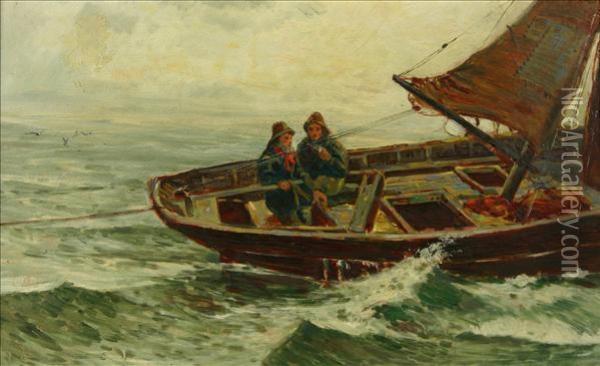 Two Fishermen Ina Sailing Boat Fixing The Line Each Oils On Board Oil Painting - Charles Napier Hemy