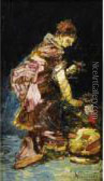 Jeune Femme Arrangeant Des Fleurs Oil Painting - Adolphe Joseph Th. Monticelli