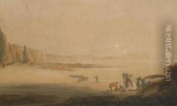 Fisher Folk On The Shore At Low Tide. Oil Painting - William Cook Of Plymouth