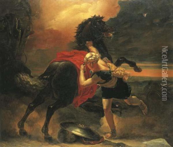A Turbanned Soldier Steadying A Rearing Horse Frightened By Athunder Storm Oil Painting - Henri Baudot