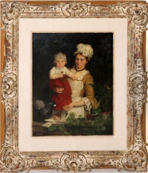 Motehr And Child Feeding Birds Oil Painting - Alfons Spring