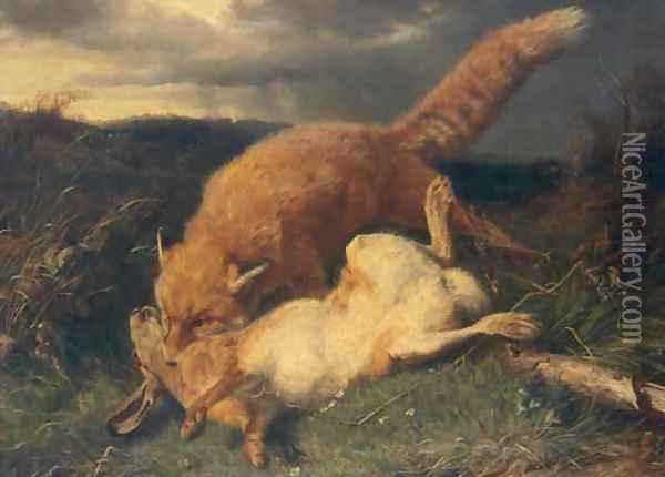 Fox and Hare Oil Painting - Johann Baptist Hofner