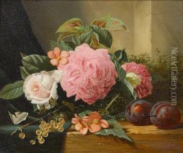 Still Life Of Flowers And Fruit On A Ledge Oil Painting - Henry George Todd