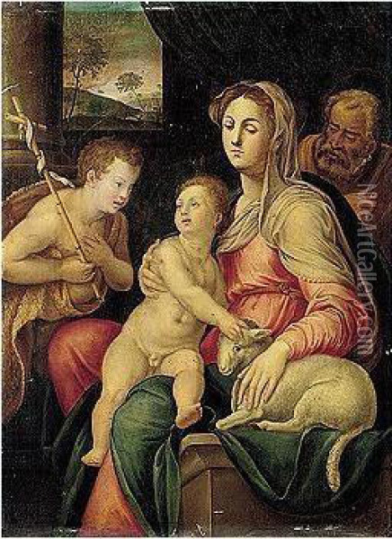 The Holy Family With The Infant Saint John The Baptist Oil Painting - Raffaellino Del Colle