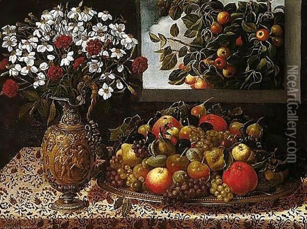 Still Life Of Apples, Pears, Grapes, Plums And Figs On A Parcel-gilt Platter, Together With A Sculpted Gilt Ewer Containing A Bouquet Of Carnations And Narcissi, Upon A Table Oil Painting - Tomas Hiepes