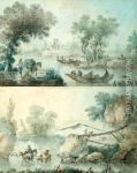 Paire De Paysages Fluviaux Animes Oil Painting - Jean-Baptiste Pillement