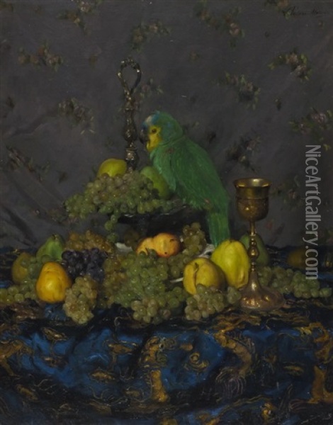 Fruchtestillleben Mit Grunem Papagei Oil Painting - Janos Pentelei-Molnar