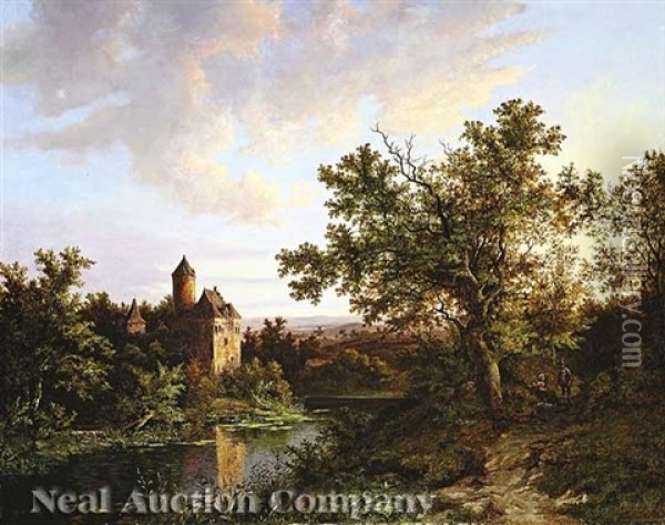Landscape Capriccio: A Rhenish Castle By A Pond Oil Painting - Barend Cornelis Koekkoek