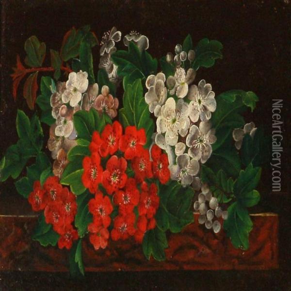 Red And White Hawthorns On A Sill Oil Painting - I.L. Jensen