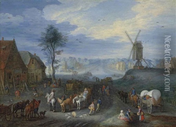 A Village With A Windmill, Figures With Horsedrawn Carts In The Foreground, A Canal And A Church Beyond Oil Painting - Joseph van Bredael