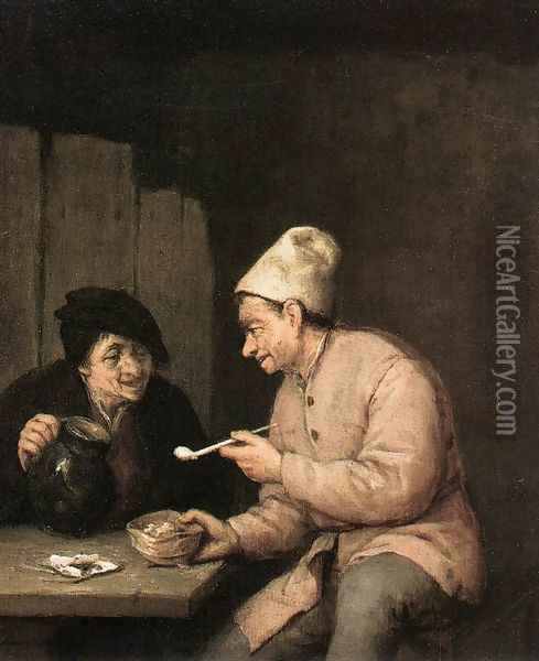 Piping and Drinking in the Tavern Oil Painting - Adriaen Jansz. Van Ostade