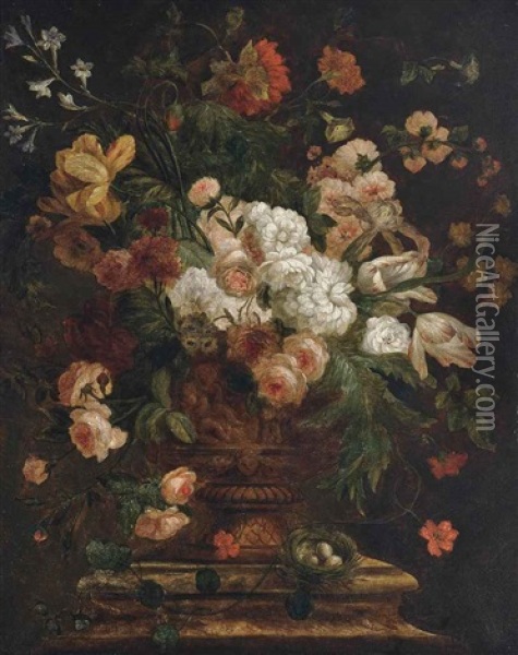 Roses, Parrot Tulips And Other Flowers In A Gilt Urn On A Plinth, With A Bird's Nest Oil Painting - Jan Van Huysum