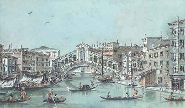 View of the Rialto Bridge and the Fondaco dei Tedeschi, Venice Oil Painting - Giacomo Guardi