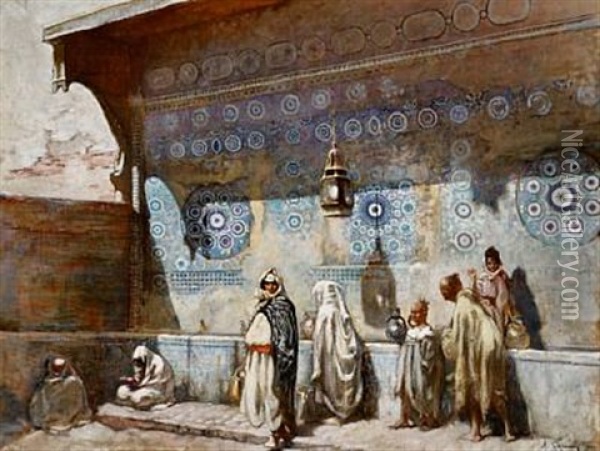 At A Fountain In Meknes, Morocco Oil Painting - Adolphe Ernest Gumery