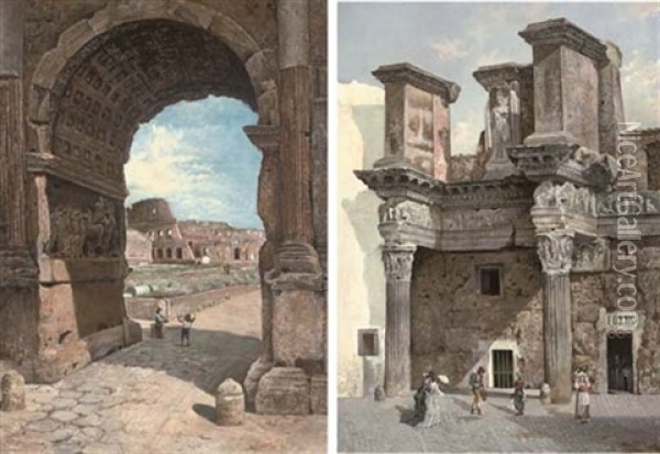 The Colosseum Seen Through The Arch Of Titus (+ A Bread Shop In The Roman Forum; Pair) Oil Painting - George Edwin Ewing