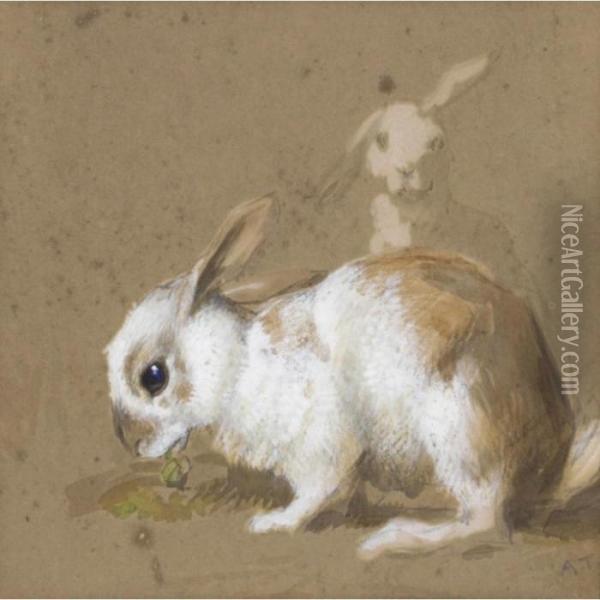Rabbits; Blue Tit Oil Painting - Archibald Thorburn
