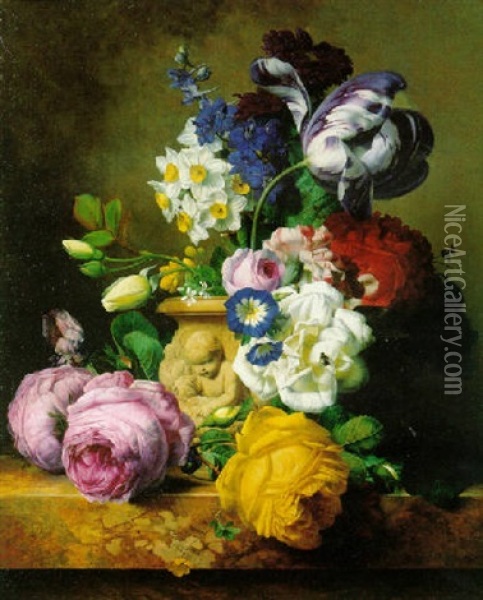 Roses, Tulips, Morning Glory, Delphinium And Primrose Peerless In A Terra Cotta Vase On A Marble Ledge Oil Painting - Charles-Joseph Node