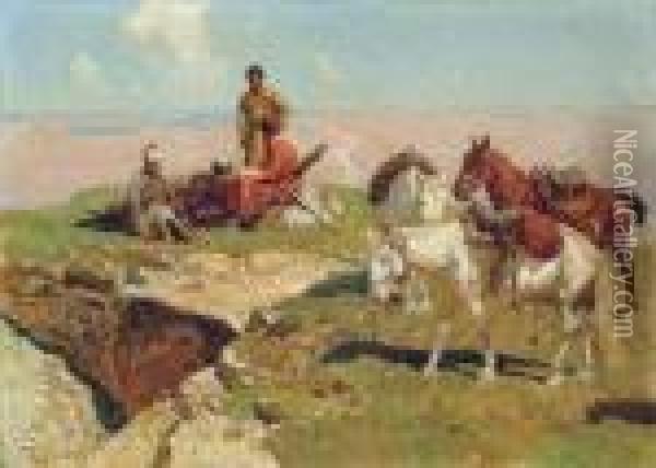 Caucasian Riders Oil Painting - Franz Roubaud