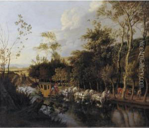 Sold By The J. Paul Getty Museum To Benefit Future Painting Acquisitions
 

 
 
 

 
 A Coach Pulled By Six Horses Crossing A Flooded Road Oil Painting - Jan Siberechts
