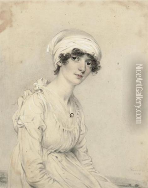 Portrait Of A Woman, Seated, Half-length, In A White Dress Andcap Oil Painting - John Downman